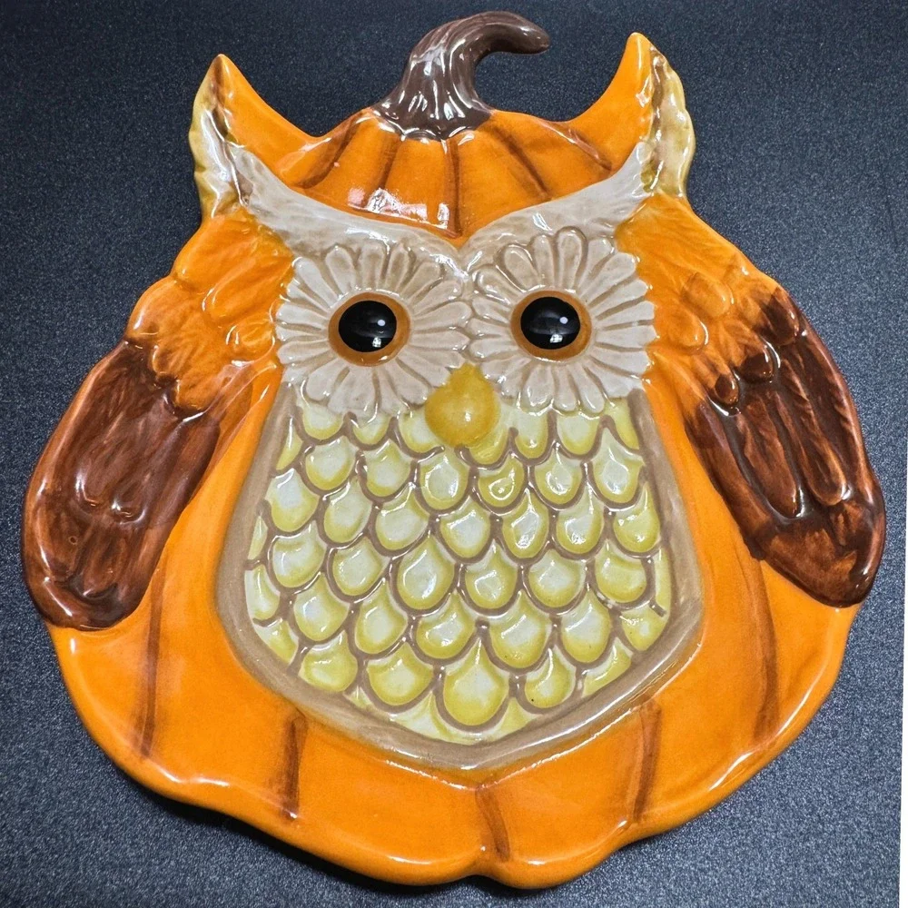 Cracker Barrel Pumpkin Owl Plate Fall Harvest Halloween Thanksgiving Stoneware
